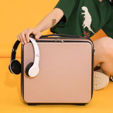 NNEDSZ Pink Gray Mini 16-Inch Password-Protected ABS Storage and Carry-On Luggage Box | Front-Opening Cosmetic Organizer | Lightweight 1.46kg Travel Case