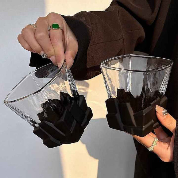 NNEDSZ 4 Pcs Black Frosted Ice Cube Glass - Creative Whiskey Glass, Premium Textured Tumbler, 300ml Capacity for Home Bars