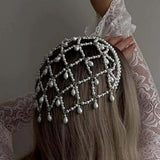 NNEDSZ Silver Bohemian Pearl Net Headband – Vintage Mesh Hair Accessory for Women | Elegant Faux Pearl Bridal Hairpiece