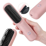 NNEDSZ Pink Wireless Hair Straightening Brush - Portable 2-in-1 Styling Tool with USB Charging, Ceramic Heat Technology, and Compact Design