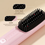 NNEDSZ Pink Wireless Hair Straightening Brush - Portable 2-in-1 Styling Tool with USB Charging, Ceramic Heat Technology, and Compact Design