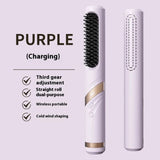 NNEDSZ Purple Portable USB Rechargeable Cold Wind Ionic Hair Straightening Brush, Multi-Functional Hair Straightener and Curler, Lightweight and Travel-Friendly
