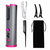 NNEDSZ Grey And Pink Automatic Hair Curler - USB Rechargeable, Safe and Portable Curling Iron for Quick Styling, Anti-Scald Design, Compact and Lightweight