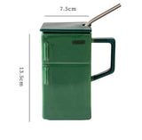 NNEDSZ Green Creative Retro Refrigerator Ceramic Mug with Lid and Straw – 550ml Coffee Cup – Unique Gift for Couples or Office Use