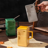 NNEDSZ Green Creative Retro Refrigerator Ceramic Mug with Lid and Straw – 550ml Coffee Cup – Unique Gift for Couples or Office Use