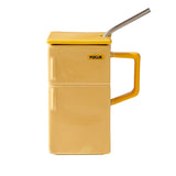NNEDSZ Yellow Creative Retro Refrigerator Ceramic Mug with Lid and Straw - 550ml Coffee Cup - Unique Gift for Couples or Office Use
