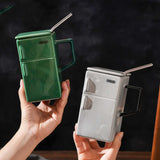 NNEDSZ Yellow Creative Retro Refrigerator Ceramic Mug with Lid and Straw - 550ml Coffee Cup - Unique Gift for Couples or Office Use