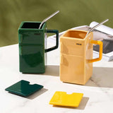 NNEDSZ Yellow Creative Retro Refrigerator Ceramic Mug with Lid and Straw - 550ml Coffee Cup - Unique Gift for Couples or Office Use