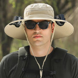 NNEDSZ Khaki Solar-Powered Cooling Wide Brim Hat - USB Rechargeable Dual Fan Fisherman Cap - UPF50+ Sun Protection and Quick-Dry Design for Men and Women