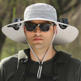 NNEDSZ Light Gray Solar-Powered Cooling Wide Brim Hat - USB Rechargeable Dual Fan Fisherman Cap - UPF50+ Sun Protection and Quick-Dry Design for Men and Women