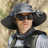 NNEDSZ Dark Grey Solar-Powered Cooling Wide Brim Hat - USB Rechargeable Dual Fan Fisherman Cap - UPF50+ Sun Protection and Quick-Dry Design for Men and Women