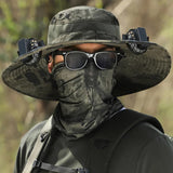 NNEDSZ Dark Green Camouflage Solar-Powered Cooling Wide Brim Hat - USB Rechargeable Dual Fan Fisherman Cap - UPF50+ Sun Protection and Quick-Dry Design for Men and Women