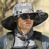 NNEDSZ Gray Camouflage Solar-Powered Cooling Wide Brim Hat - USB Rechargeable Dual Fan Fisherman Cap - UPF50+ Sun Protection and Quick-Dry Design for Men and Women