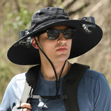 NNEDSZ Black Solar-Powered Cooling Wide Brim Hat - USB Rechargeable Dual Fan Fisherman Cap - UPF50+ Sun Protection and Quick-Dry Design for Men and Women