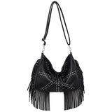 NNEDSZ Black Trendy Rivet Fringe Shoulder Bag – Large Capacity Soft Leather Handbag for Women, Perfect for Travel and Leisure
