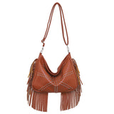 NNEDSZ Brown Trendy Rivet Fringe Shoulder Bag - Large Capacity Soft Leather Handbag for Women, Perfect for Travel and Leisure