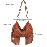 NNEDSZ Brown Trendy Rivet Fringe Shoulder Bag - Large Capacity Soft Leather Handbag for Women, Perfect for Travel and Leisure