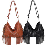 NNEDSZ Brown Trendy Rivet Fringe Shoulder Bag - Large Capacity Soft Leather Handbag for Women, Perfect for Travel and Leisure