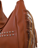 NNEDSZ Brown Trendy Rivet Fringe Shoulder Bag - Large Capacity Soft Leather Handbag for Women, Perfect for Travel and Leisure