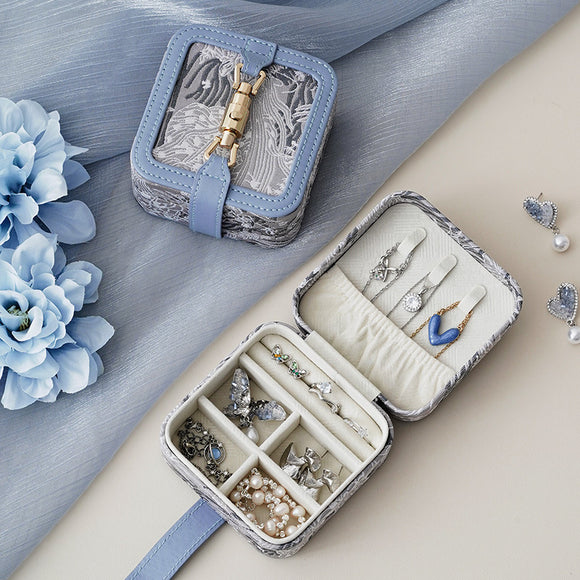 NNEDSZ Blue Portable Vintage Embossed Jewelry Box - Flip-Top Necklace, Ring, and Earring Organizer with Elegant Design(The Jewelry is a prop for the photo shoot and is not included)