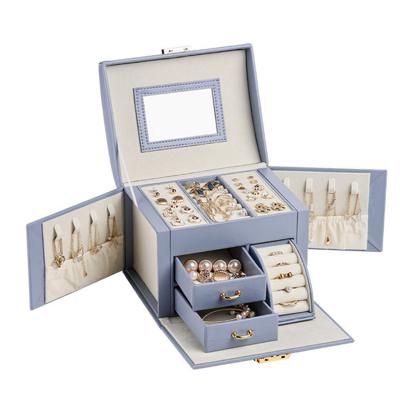 NNEDSZ Light Blue Luxury PU Leather Jewelry Storage Box - 3-Tier Organizer with Mirror for Necklaces, Earrings, and Rings(Jewelry is a photo prop and is not included)