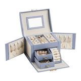 NNEDSZ Light Blue Luxury PU Leather Jewelry Storage Box - 3-Tier Organizer with Mirror for Necklaces, Earrings, and Rings(Jewelry is a photo prop and is not included)