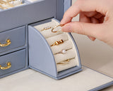 NNEDSZ Light Blue Luxury PU Leather Jewelry Storage Box - 3-Tier Organizer with Mirror for Necklaces, Earrings, and Rings(Jewelry is a photo prop and is not included)