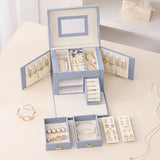 NNEDSZ Light Pink Luxury PU Leather Jewelry Storage Box - 3-Tier Organizer with Mirror for Necklaces, Earrings, and Rings(Jewelry is a photo prop and is not included)