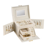 NNEDSZ White Pink Luxury PU Leather Jewelry Storage Box - 3-Tier Organizer with Mirror for Necklaces, Earrings, and Rings(Jewelry is a photo prop and is not included)
