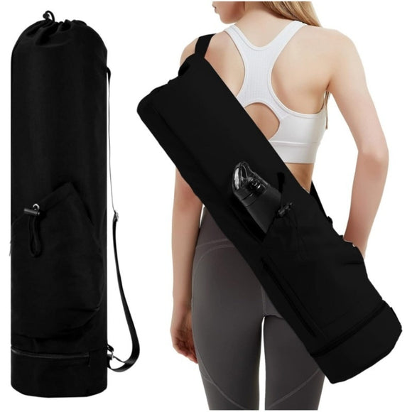 NNEDSZ Black Durable Yoga Mat Carry Bag – Multi-Functional Fitness Backpack with Wet Pocket(Mugs are filming props, not included)