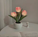 NNEDSZ Pink Flowers USB Tulip Night Light - Bedroom Decor Table Lamp with PU Flowers & Ceramic Pot, Perfect Gift for Family & Friends