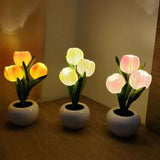 NNEDSZ Pink Flowers USB Tulip Night Light - Bedroom Decor Table Lamp with PU Flowers & Ceramic Pot, Perfect Gift for Family & Friends