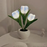 NNEDSZ Blue Flowers USB Tulip Night Light - Bedroom Decor Table Lamp with PU Flowers & Ceramic Pot, Perfect Gift for Family & Friends
