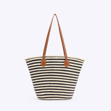 NNEDSZ Black And White Stripes Handmade Large Capacity Striped Beach Tote Bag with Zipper and Inner Pocket - Summer Vacation Woven Shoulder Bag for Women
