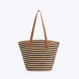 NNEDSZ Black And Brown Stripes Handmade Large Capacity Striped Beach Tote Bag with Zipper and Inner Pocket - Summer Vacation Woven Shoulder Bag for Women