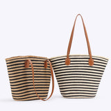 NNEDSZ Black And Brown Stripes Handmade Large Capacity Striped Beach Tote Bag with Zipper and Inner Pocket - Summer Vacation Woven Shoulder Bag for Women