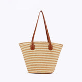 NNEDSZ White And Yellow Stripes Handmade Large Capacity Striped Beach Tote Bag with Zipper and Inner Pocket - Summer Vacation Woven Shoulder Bag for Women