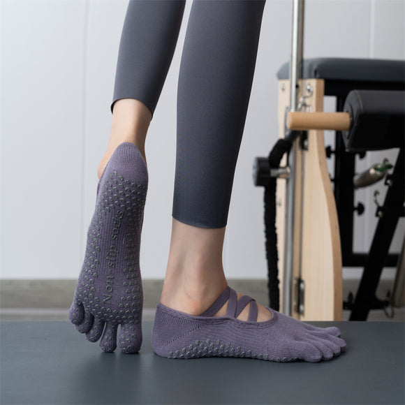 NNEDSZ 2 Pcs Purple Non-Slip Yoga Pilates Socks with Toe Design for Women – Cotton Blend with Anti-Slip Silicone Grip