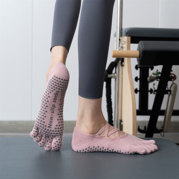 NNEDSZ 2 Pcs Pink Non-Slip Yoga Pilates Socks with Toe Design for Women - Cotton Blend with Anti-Slip Silicone Grip