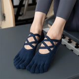 NNEDSZ 2 Pcs Dark Blue Non-Slip Yoga Pilates Socks with Toe Design for Women - Cotton Blend with Anti-Slip Silicone Grip