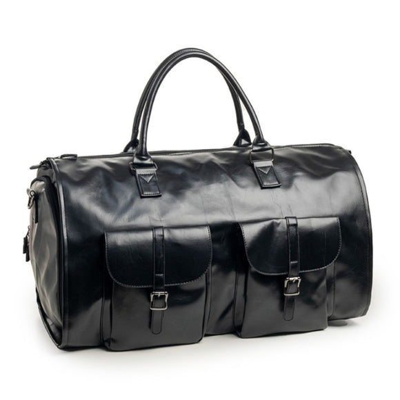 NNEDSZ Black PU Leather Travel Duffel Bag - Multifunctional Overnight Gym Bag with Spacious Compartments