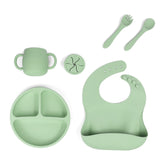 NNEDSZ Green 095# Silicone Baby Feeding Set - Suction Plate, Bib, Cup & Utensils | BPA-Free Baby Tableware