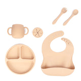 NNEDSZ Beige 013# Silicone Baby Feeding Set - Suction Plate, Bib, Cup & Utensils | BPA-Free Baby Tableware