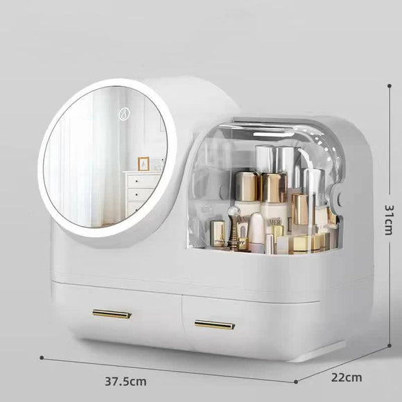NNEDSZ Ivory  White LED Vanity Makeup Organizer with Partition Storage and Touch-Control Mirror - Large Capacity Cosmetic Box