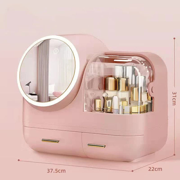 NNEDSZ Pink LED Vanity Makeup Organizer with Partition Storage and Touch-Control Mirror - Large Capacity Cosmetic Box