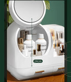 NNEDSZ Green LED Vanity Makeup Organizer with Partition Storage and Touch-Control Mirror - Large Capacity Cosmetic Box