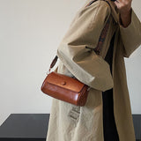 NNEDSZ Brown Vintage PU Leather Shoulder Bag with Adjustable Strap - Compact and Stylish
