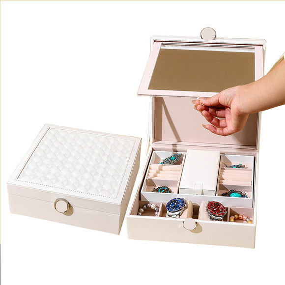 NNEDSZ White Luxury Quilted Jewelry Storage Box with Mirror and Multi-Layer Compartments