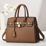 NNEDSZ Coffee Elegant PU Leather Handbag with Lock Decoration - Structured Tote Bag for Women