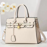 NNEDSZ Off-white Elegant PU Leather Handbag with Lock Decoration - Structured Tote Bag for Women